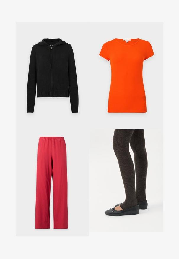 Sweat à capuche noir zippé avec un motif en maille texturée, une capuche et des poignets et un ourlet côtelés. Présente une silhouette moderne et ajustée.; Haut court orange vif à manches courtes en maille côtelée avec col rond, présenté sur un fond blanc uni.; Pantalon droit rouge avec taille élastique, présenté sur un fond gris clair uni.; Jambes portant des leggings côtelés foncés associés à des ballerines noires avec de petits détails en nœud sur fond blanc.