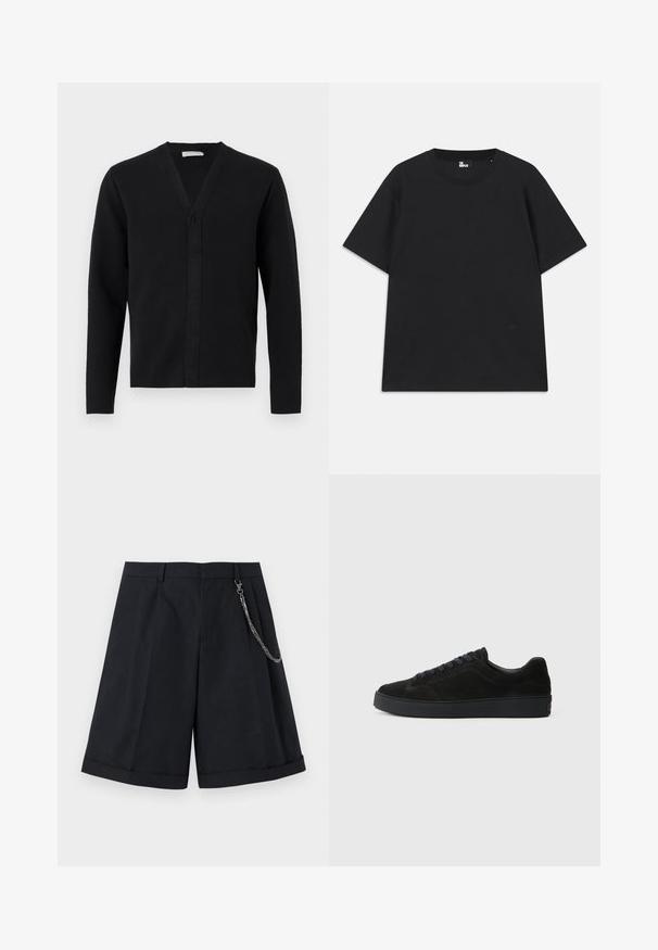 Cardigan noir à manches longues avec col en V et devant sans boutons, présenté sur un fond blanc uni.; T-shirt noir à manches courtes en coton, avec un col rond et un petit logo près de l'ourlet. Texture lisse, coupe régulière.; Shorts noirs sur mesure mi-genoux avec plis à l'avant, ourlets retroussés, passants pour ceinture et une chaîne argentée attachée sur le côté droit.; Basket en suède noire avec une semelle plate et texturée, un bout rond, six œillets pour les lacets et un design minimaliste.