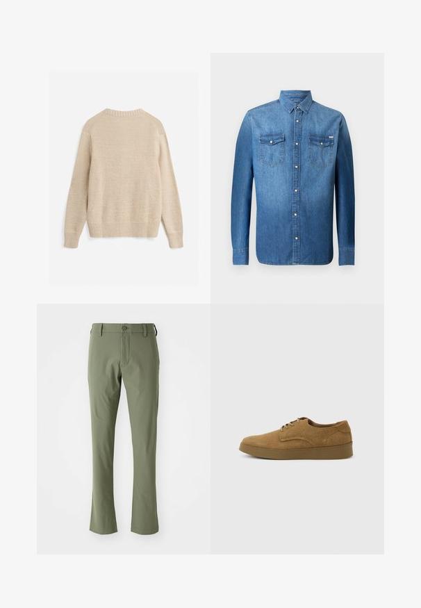 Beigen värinen neulottu paita, jossa pitkät hihat, resorit hihansuissa ja helmassa sekä pyöreä pääntie, esitetty takaapäin valkoisella taustalla.; Denim-paita keskisinisessä, jossa on pitkät hihat, napit edessä, kaksi rintataskua ja klassinen pistekaulus.; Vihreät muotoillut housut, joissa on kapea malli, valmistettu sileästä kankaasta. Ominaisuuksiin kuuluu etuvetoketju, napin kiinnitys ja suorat lahkeet.; Ruskea mokkakengät, joissa on nauhat ja litteä kumipohja, kuvattu sivulta vaalealla yksinkertaisella taustalla.