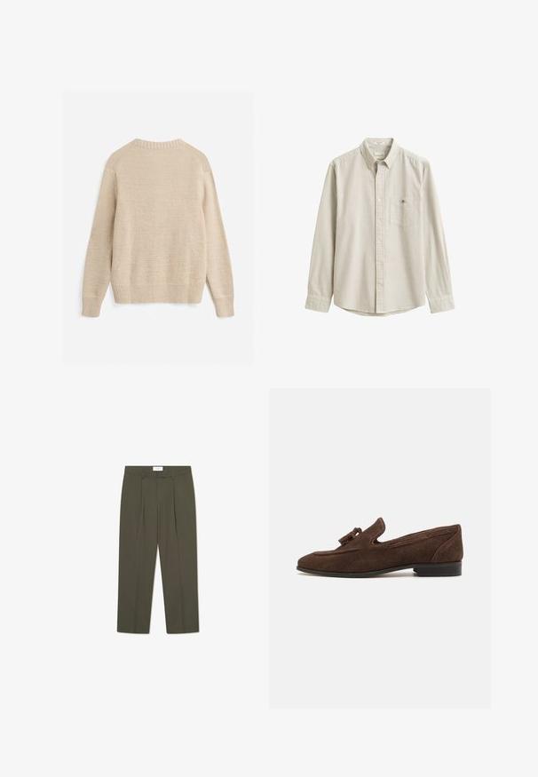 Jersey beige de punto con mangas largas, puños acanalados, dobladillo y escote redondo, mostrado por detrás sobre un fondo blanco.; Camisa beige y blanca de rayas verticales, de manga larga, con botones, cuello y bolsillo en el pecho, presentada plana sin persona.; Pantalones verde oliva con rayas verticales, que cuentan con una cintura entallada, pliegues y un diseño de pierna recta. Textura suave.; Mocasin de ante marrón con tacón bajo, que presenta un borlas decorativas y un detalle de costura a lo largo de los lados. Textura suave y forma refinada.