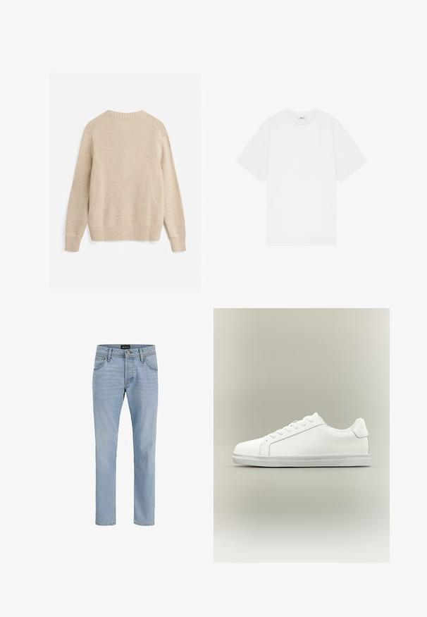Beigefarbener Strickpullover mit langen Ärmeln, gerippten Bündchen, Saum und Rundhalsausschnitt, von hinten vor weißem Hintergrund gezeigt.; Weißes Kurzarm-T-Shirt aus Baumwolle mit Rundhalsausschnitt und dezentem Logo auf der Brust, mit glatter Textur.; Helle blaue Denim-Jeans mit schlankem Schnitt, Fünf-Taschen-Design, subtiler verblasster Textur und Metallbeschlägen am Reißverschluss und der Knopfleiste.; Weißer Sneaker mit niedrigem Schaft, Schnürung vorne und strukturierter Gummisohle vor einfachem neutralem Hintergrund.