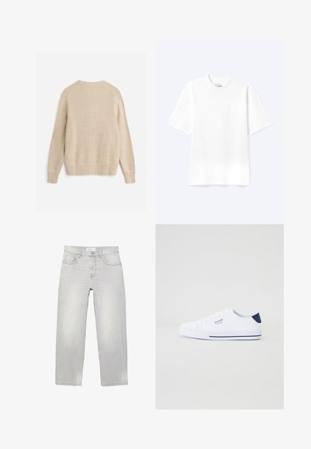 Pull beige en maille avec manches longues, poignets, ourlet et encolure ronde côtelés, montré de dos sur fond blanc.; T-shirt blanc uni à manches courtes et col rond avec une coupe décontractée, présenté sur un fond clair.; Jean en denim gris clair avec une coupe décontractée, doté de cinq poches, d'une ceinture standard et d'un léger délavage sur l'ensemble du tissu.; Baskets en toile blanches avec un accent de talon marine, semelle en caoutchouc plate, bout rond et lacets blancs. Présente un logo sur le côté.