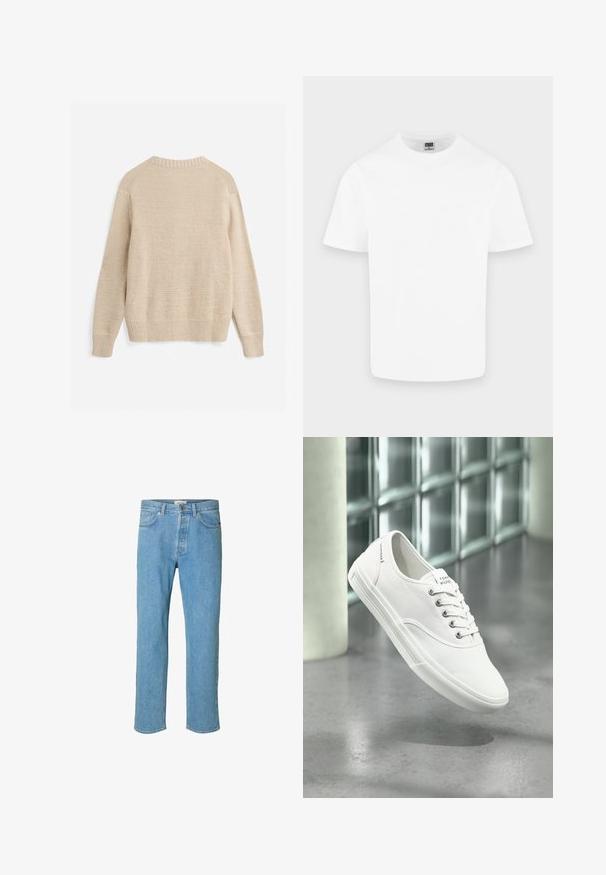 Beige gebreide trui met lange mouwen, geribde boorden, zoom en ronde hals, van achteren getoond op een witte achtergrond.; Effen witte katoenen T-shirt met korte mouwen en ronde hals, weergegeven op een lichtgrijze achtergrond.; Lichtblauwe denim jeans met een recht gesneden ontwerp. Kenmerken zijn een knoopsluiting, vijf zakken en gestikte details langs de naden.; Witte lage canvas sneaker met veters, met label Tommy Hilfiger, getoond zwevend boven een gladde grijze vloer nabij een muur van glasblokken.
