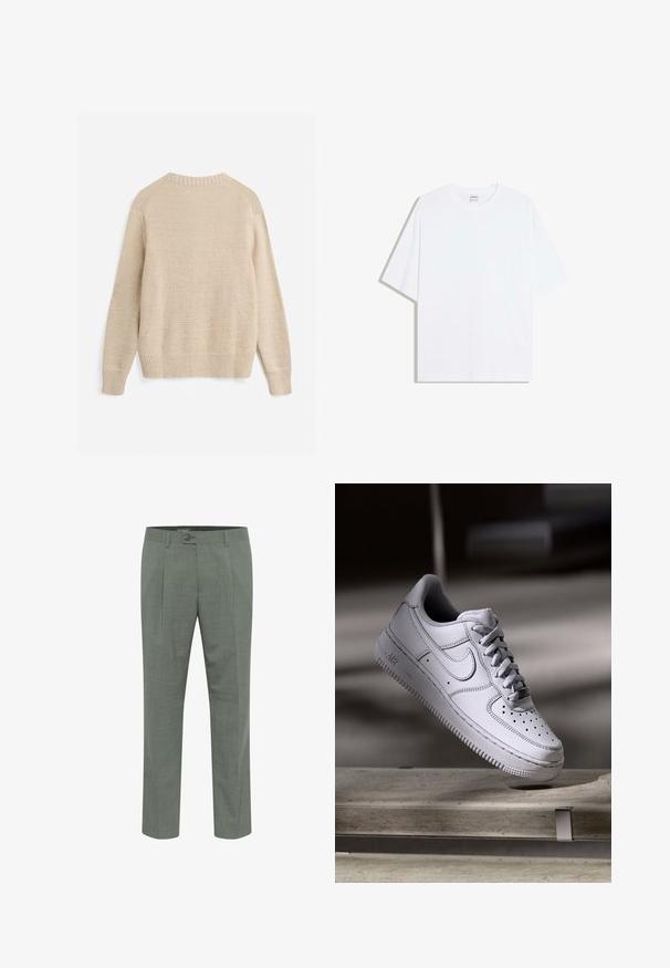 Beigefarbener Strickpullover mit langen Ärmeln, gerippten Bündchen, Saum und Rundhalsausschnitt, von hinten vor weißem Hintergrund gezeigt.; Weißes, übergroßes Baumwoll-T-Shirt mit rundem Ausschnitt und kurzen Ärmeln; glatte Textur, keine sichtbaren Muster oder Akzente.; Maßgeschneiderte grüne Hosen mit strukturierter Oberfläche, ausgestattet mit einem einzelnen Knopfverschluss und einem gefältelten Vorderdesign. Gerader Beinabschluss.; Weißer Nike Air Force 1 Sneaker aus Leder mit perforierter Zehenpartie, flachen Schnürsenkeln und strukturierter Gummisohle mit "AIR"-Branding an der Seite.