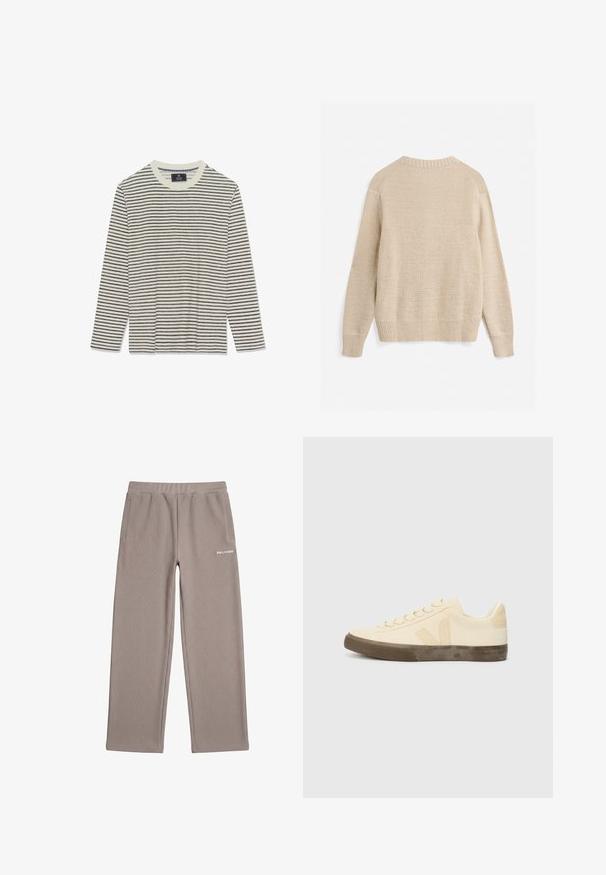 Beige striktrøje med lange ærmer, ribbet manchetter, kant og rund halsudskæring, vist bagfra på hvid baggrund.; Langærmet skjorte med en cremet base og tynde marineblå striber. Har en rund hals og en blød tekstur. Ingen synlige logoer eller udsmykninger.; Taupe ribstrikkede bukser med elastisk taljebånd, sidelommer, vide ben og hvidt "PEGADOR" logo på højre hofte.; Beige lærredssko med rund tå, flade snørebånd og struktureret brun gummisål. Har et logo på siden og et minimalistisk design.