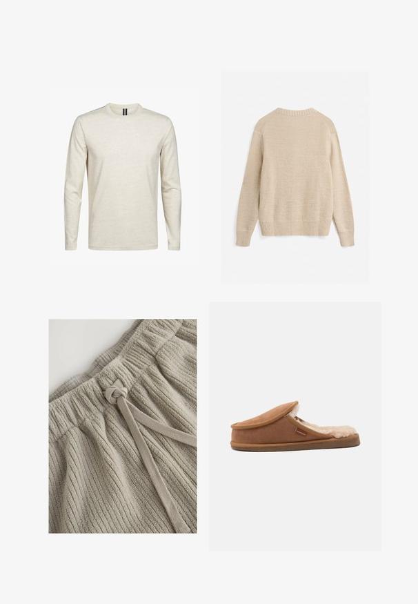 Beige gebreide trui met lange mouwen, geribde boorden, zoom en ronde hals, van achteren getoond op een witte achtergrond.; Lange mouw T-shirt in lichtbeige, gemaakt van zachte katoen. Heeft een ronde hals en een minimalistisch ontwerp zonder patronen of accenten.; Khaki katoenen shorts met een gestructureerd ribbelpatroon. Voorzien van een elastische tailleband en een stoffen strik voor aanpassing. Zacht, luxueus materiaal.; Bruine instapsloffen met een zachte, pluizige crèmekleurige binnenvoering en een klein stoffen label aan de zijkant met de tekst "Sherpherd".