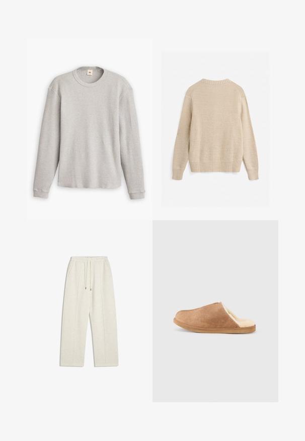 Beige gebreide trui met lange mouwen, geribde boorden, zoom en ronde hals, van achteren getoond op een witte achtergrond.; Grijze lange mouwen trui van gebreid materiaal met een geribbeld patroon, ronde halslijn en rechte zoom. De manchetten zijn aansluitend en gemaakt van zachte stof.; Lichtbeige, wijde sweatpants gemaakt van zachte stof. Beschikt over een elastische tailleband met trekkoord en zijzakken voor functionaliteit.; Bruine suède instap pantoffel met crèmekleurige zachte fleece voering en rubberen zool, zijaanzicht tegen een witte achtergrond.