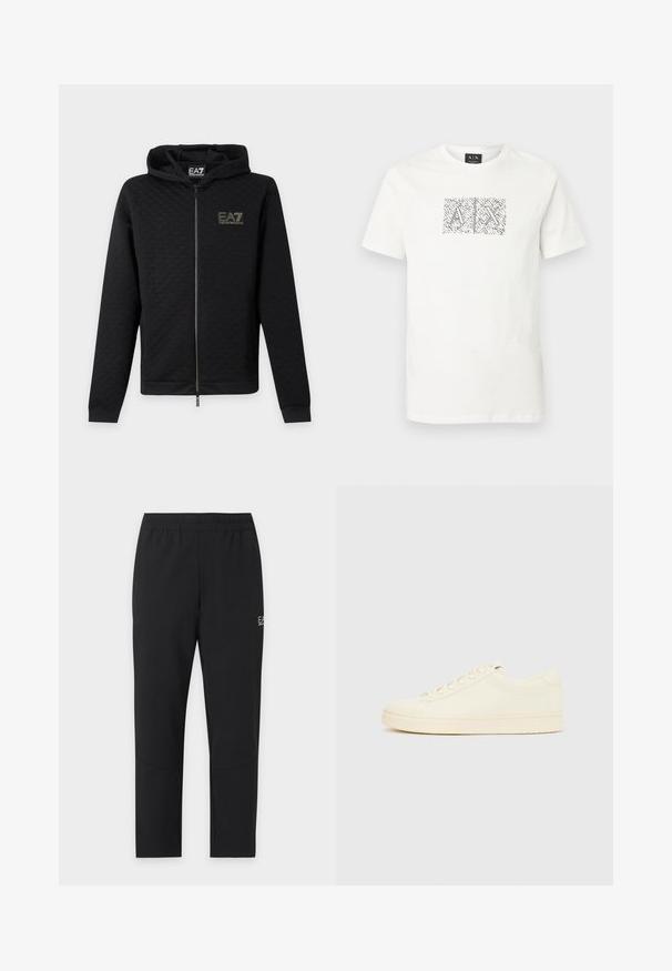Μαύρο φούτερ με φερμουάρ και το λογότυπο EA7 Emporio Armani στο στήθος, μακριά μανίκια και κουκούλα, εμφανίζεται μπροστά σε απλό ανοιχτό φόντο.; Άσπρη κοντομάνικη μπλούζα με στρογγυλή λαιμόκοψη, με αφηρημένο ασπρόμαυρο γραφικό που απεικονίζει επικαλυπτόμενα γράμματα "A" και "X" στο κέντρο του στήθους.; Μαύρο στενό αθλητικό παντελόνι με ελαστική μέση και μικρό λευκό λογότυπο "EA7 Emporio Armani" στον άνω μηρό.; Αθλητικό παπούτσι εκρού με λείο δερμάτινο πάνω μέρος, στρογγυλεμένη μύτη, κορδόνια στο μπροστινό μέρος και υφασμένο λαστιχένιο πέλμα. Μινιμαλιστικός σχεδιασμός, χωρίς λογότυπα.