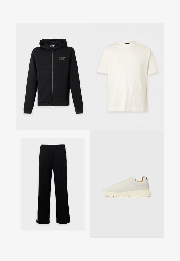 Čierna mikina s kapucňou na zips s logom EA7 Emporio Armani na hrudi, dlhými rukávmi a kapucňou, zobrazená na jednoduchom svetlom pozadí.; Jednofarebné biele bavlnené tričko s krátkym rukávom, okrúhlym výstrihom a jemne vytlačeným logom na ľavej strane hrudníka.; Čierne nohavice so širokými nohavicami, elastickým pásom a bielym lemovaním pozdĺž vonkajšej strany každej nohavice na jednoliatom pozadí.; Biele tenisky s hladkým koženým zvrškom, hrubou krémovou gumovou podrážkou a jemným šitím. Minimalistický dizajn s okrúhlou špicou a šnurovacím systémom.