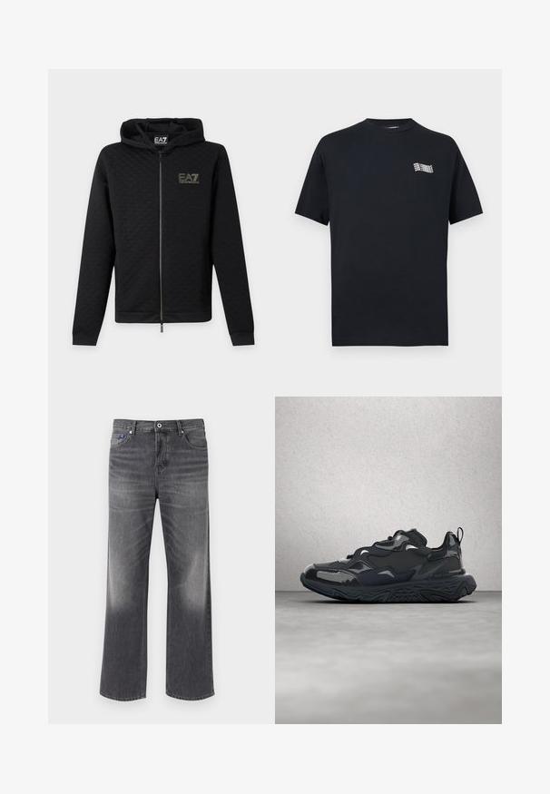 Μαύρο φούτερ με φερμουάρ και το λογότυπο EA7 Emporio Armani στο στήθος, μακριά μανίκια και κουκούλα, εμφανίζεται μπροστά σε απλό ανοιχτό φόντο.; Μαύρο T-shirt με κοντά μανίκια και στρογγυλή λαιμόκοψη, με μικρό λευκό επαναλαμβανόμενο λογότυπο "Karl Lagerfeld" στο πάνω αριστερό μέρος του στήθους.; Μαύρα ξεθωριασμένα τζιν με ίσιο κόψιμο, εμπρόσθιο κουμπί, φερμουάρ και σχέδιο με πέντε τσέπες, παρουσιασμένα σε απλό φόντο.; Μαύρο αθλητικό παπούτσι με υφασμάτινο επάνω μέρος, λείες λεπτομέρειες και χοντρή σόλα με ανάγλυφο σχέδιο κυμάτων, σχεδιασμένο για άνεση και αντοχή.