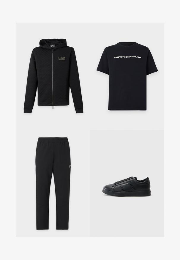 Čierna mikina s kapucňou na zips s logom EA7 Emporio Armani na hrudi, dlhými rukávmi a kapucňou, zobrazená na jednoduchom svetlom pozadí.; Čierne tričko s krátkym rukávom a okrúhlym výstrihom, s bielym nápisom "EMPORIO ARMANI" a logom orla umiestnenými v strede na prsiach.; Čierne zúžené športové nohavice s elastickým pásom a malým bielym logom "EA7 Emporio Armani" na hornej časti stehna.; Čierne kožené tenisky so hladkým povrchom, zaoblenou špičkou, viazaním vpredu, polstrovaným golierom a textúrovanými bočnými akcentmi. Viditeľný jemný detail loga.
