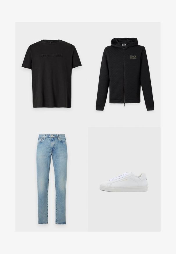 Zwarte zip-up hoodie met EA7 Emporio Armani-logo op de borst, lange mouwen en een capuchon, afgebeeld tegen een effen lichte achtergrond.; Zwarte katoenen t-shirt met korte mouwen, met een subtiel reliëf "MICHAEL KORS" logo op de borst en een klassieke ronde hals.; Lichtblauwe spijkerbroek met rechte pijpen, sluiting met knopen aan de voorkant, riemlussen en zakken, plat gelegd tegen een witte achtergrond.; Witte leren lage sneakers met een ronde neus, platte veters, een gestructureerde zool en subtiele gouden branding aan de zijkant. Gladde oppervlakte en minimalistisch ontwerp.