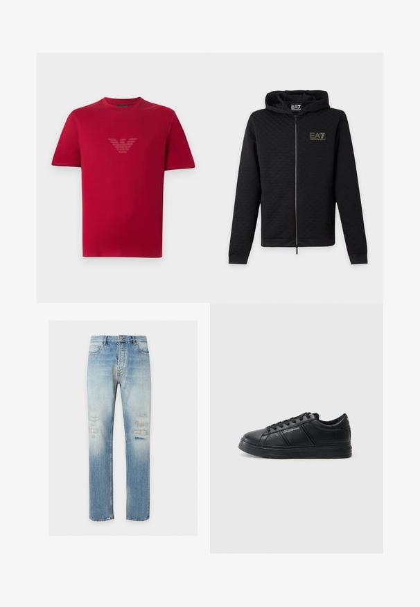 Μαύρο φούτερ με φερμουάρ και το λογότυπο EA7 Emporio Armani στο στήθος, μακριά μανίκια και κουκούλα, εμφανίζεται μπροστά σε απλό ανοιχτό φόντο.; Κόκκινο κοντομάνικο T-shirt με στρογγυλή λαιμόκοψη και λαμπερό, στιλιζαρισμένο λογότυπο αετού στο κέντρο του στήθους.; Τζιν σε ανοιχτό γαλάζιο με ίσια γραμμή, διακριτικές ξεθωριασμένες και φθαρμένες λεπτομέρειες στο μπροστινό μέρος των μηρών, κλασικό στυλ με πέντε τσέπες και κούμπωμα με κουμπί.; Μαύρο δερμάτινο αθλητικό παπούτσι με λεία φινίρισμα, στρογγυλή μύτη, κορδόνια μπροστά, μαξιλαράκι στον αστράγαλο και υφή στις πλευρές. Διακριτική λεπτομέρεια με λογότυπο ορατή.