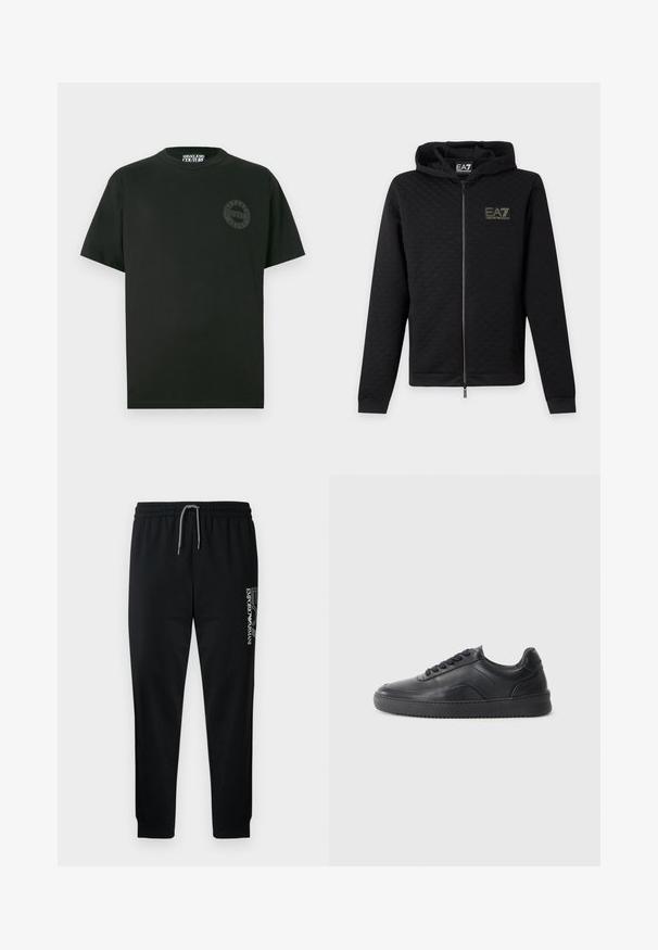 Must kapuutsiga lukuga jope EA7 Emporio Armani logoga rinnal, pikkade varrukatega, esitatud ühevärvilise heleda tausta ees.; Must mustaheline T-särk lühikeste varrukatega, ümmarguse kaelusega ja vasaku rinna kohal peene, tooni järgi sobiva Versace Jeans Couture logo kujutisega.; Mustad dressipüksid elastse vöökoha, reguleeritava nööriga ja küljel trükitud logoga. Sile kangas kitseneva lõikega.; Must musta kingad sileda viimistlusega, ümar aadress, tekstuuriga külgpaneel ja mustad nöörid. Omab lame kummist tallat ja minimaalset disaini.
