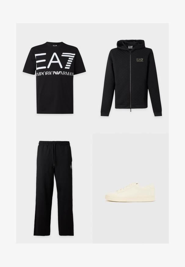 Μαύρο φούτερ με φερμουάρ και το λογότυπο EA7 Emporio Armani στο στήθος, μακριά μανίκια και κουκούλα, εμφανίζεται μπροστά σε απλό ανοιχτό φόντο.; Μαύρο κοντομάνικο μπλουζάκι με μεγάλο λευκό κείμενο EA7 και λογότυπο Emporio Armani στο στήθος, σε μονόχρωμο φόντο.; Μαύρο χαλαρό παντελόνι φόρμας με ελαστική μέση και κορδόνι, με μικρό λογότυπο στο δεξί μηρό.; Αθλητικό παπούτσι εκρού με λείο δερμάτινο πάνω μέρος, στρογγυλεμένη μύτη, κορδόνια στο μπροστινό μέρος και υφασμένο λαστιχένιο πέλμα. Μινιμαλιστικός σχεδιασμός, χωρίς λογότυπα.