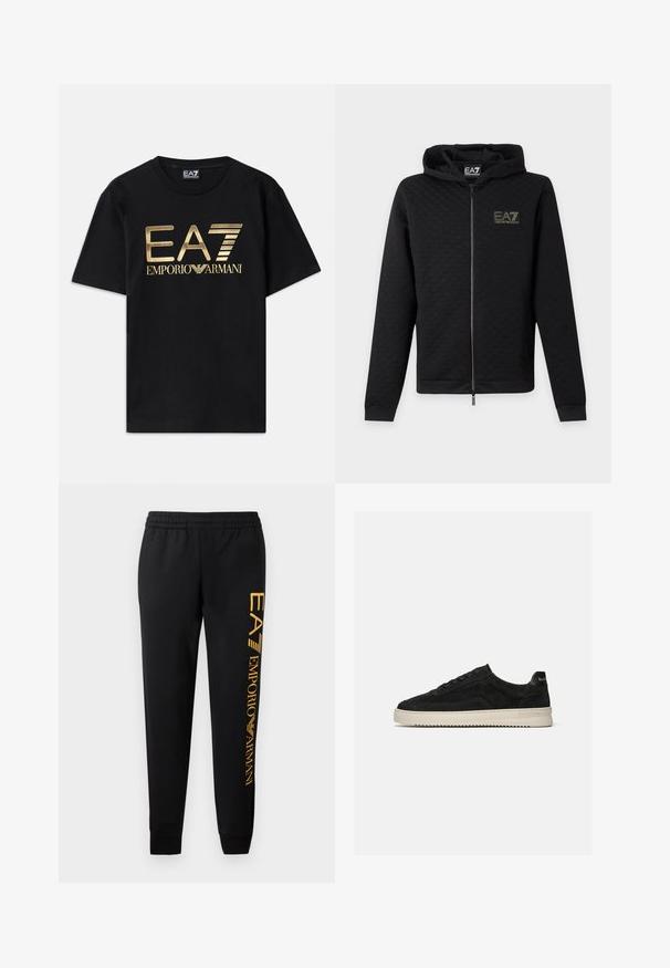 Sudadera negra con cremallera y capucha, con logotipo EA7 Emporio Armani en el pecho, mangas largas, mostrada sobre un fondo claro y liso.; Camiseta de algodón negra de manga corta, con un logo dorado impreso de "EA7 EMPORIO ARMANI" en la parte frontal. Diseño simple, cuello redondo.; Pantalones de chándal negros con cintura elástica y bajos ajustados. Presentan un logotipo dorado vertical impreso en la pierna izquierda. Hechos de tela suave.; Zapatilla deportiva baja de ante negro con cordones negros y suela de goma blanca, vista lateral sobre fondo gris claro liso.