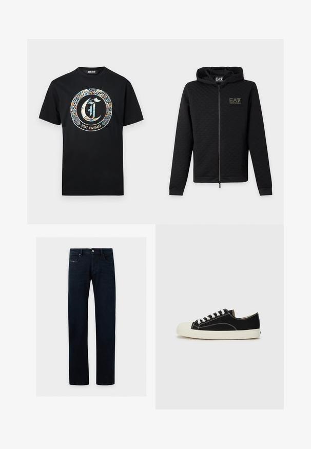 Μαύρο φούτερ με φερμουάρ και το λογότυπο EA7 Emporio Armani στο στήθος, μακριά μανίκια και κουκούλα, εμφανίζεται μπροστά σε απλό ανοιχτό φόντο.; Μαύρο κοντομάνικο t-shirt με ένα πολύχρωμο φίδι που σχηματίζει κύκλο γύρω από ένα στυλιζαρισμένο γράμμα "J" και το κείμενο "Just Cavalli" από κάτω.; Σκούρο μπλε τζιν με ίσια γραμμή, κούμπωμα με κουμπιά εμπρός, θηλιές για ζώνη και πλαϊνές τσέπες σε μονόχρωμο ανοιχτό φόντο.; Μαύρα καμβά sneakers με λευκές ραφές, στρογγυλή προστασία από καουτσούκ στην μύτη και λευκές κορδόνες. Περιέχει υφασμάτινο επάνω μέρος με υφή και μπεζ σόλα.