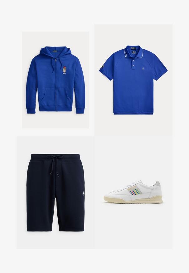 Blå hættetrøje med lynlås lavet af blødt stof, med en kængurulomme og en broderet bjørn med rød hat på venstre bryst.; Blå poloshirt med korte ærmer med hvid kant på kraven, tre knapper og lille hvidt broderet logo på brystet samt tekst på kravekanten.; Marineblå atletiske shorts i bomuld med elastisk taljebånd, snor og logoaccents på venstre side. Glat tekstur, knælang.; Hvide lædersneakers med en cremefarvet sål, multicolor stribede detaljer på siden og "PS Paul Smith" branding i guld.