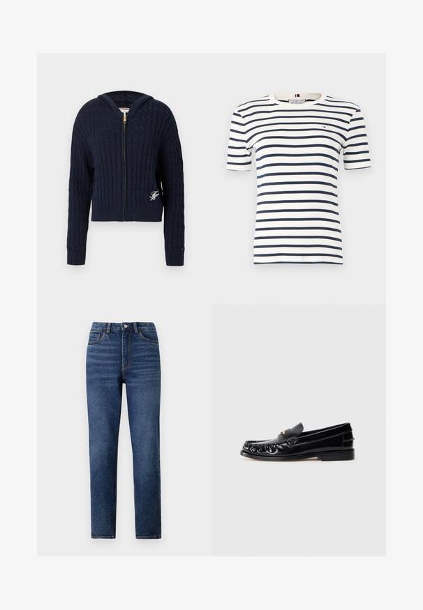 Marineblauwe gebreide trui met ritssluiting, kabelpatroon, geribde onderrand en boorden, met een klein geborduurd logo aan de voorkant.; Witte katoenen T-shirt met marineblauwe horizontale strepen, korte mouwen en een ronde halslijn. Bevat een klein logo op de linkerborst.; Hoge taille blauwe denim jeans met rechte pijpen, voorzien van subtiele wassing, sluiting met één knoop en een vijf-pocket ontwerp.; Zwarte leren instappers met een ronde neus, decoratieve stiksels en een kleine gouden accent op de wreef. Platte rubberen zool, strak design.