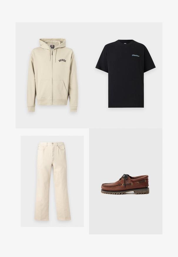 Beige hættetrøje med lynlås, forlommer, snøre i hætten og "Dickies"-logo på venstre bryst.; Sort T-shirt med korte ærmer og rund hals med lille multifarvet "Dickies"-logo på venstre bryst mod en ensfarvet baggrund.; Beige bukser med lige ben, forlommer, bæltestropper, knaplukning og lynlås foran, vist mod en ensfarvet baggrund.; Brune læder bådsko med struktureret overdel, sorte snørebånd og gyldne øjer. Har en holdbar, rillede gummisål.