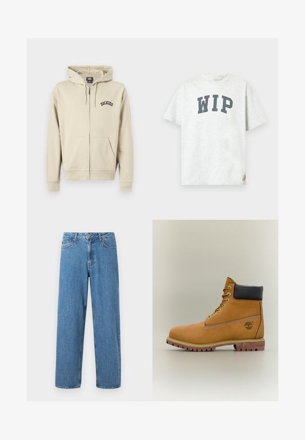 Sweat à capuche beige à fermeture éclair avec poches avant, capuche à cordon et logo "Dickies" sur la poitrine gauche.; T-shirt gris clair à manches courtes avec "WIP" en grandes lettres noires sur la poitrine et une petite étiquette logo près de l'ourlet.; Jean en denim bleu clair avec une coupe droite, taille haute et design à cinq poches. Présente une fermeture à bouton et à glissière, avec des coutures visibles.; Bottine en cuir marron avec col noir, lacets jaunes et semelle beige. Présente un logo et des détails de couture blanche. Semelle extérieure à traction robuste.