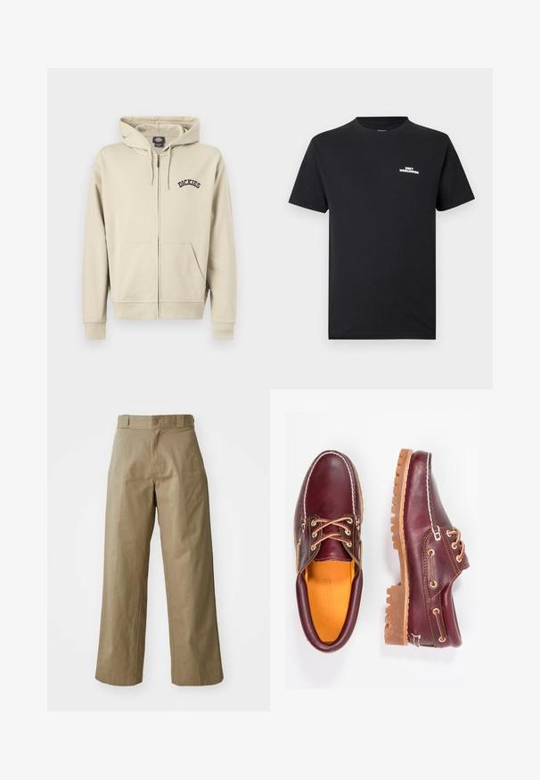 Beige hættetrøje med lynlås, forlommer, snøre i hætten og "Dickies"-logo på venstre bryst.; Sort bomulds-T-shirt med rund hals, korte ærmer og en hvid "OBEY WORLDWIDE"-logo trykt på brystet.; Khaki bredde ben bukser lavet af bomuldsblandingsstof, med en enkelt knaplukning og synlige sidelommer. Glat tekstur, plisseret detalje.; Bordeaux lædersko med brune gummisåler, rund tå, hvid syning og gyldne snøringer. Indersiden har et gult for.