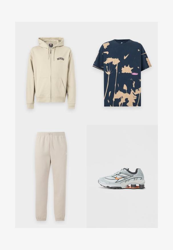 Beež värviga lukuga dressipluus ees taskute, nööridega kapuutsi ja vasakul rinnal "Dickies" logo.; Tumesinine lühikeste varrukatega Nike T-särk beeži tie-dye lillemustriga ja väikese roosa Nike logoga esiküljel paremal all.; Kerged beežid dressipüksid, mis on valmistatud pehmest kangast, elastse vöökoha, reguleeritava paelaga ja kitsenevate varrukaotstega.; Helehall jooksujalats mustade aksentide, oranži logoga, võrkkattega pealosa, pehmendatud krae ja kummist tallaga, millel on nähtavad lööke neelavad elemendid.
