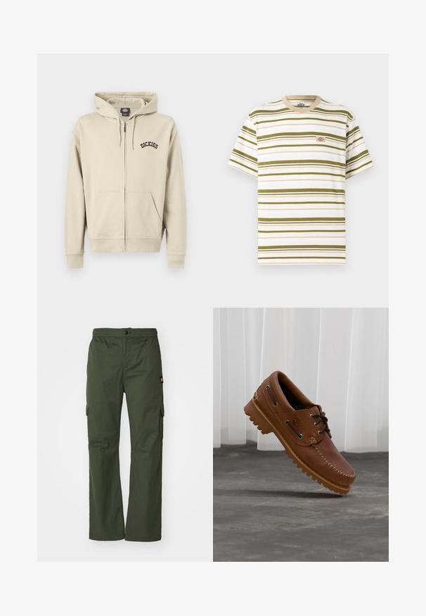 Sweat à capuche beige à fermeture éclair avec poches avant, capuche à cordon et logo "Dickies" sur la poitrine gauche.; T-shirt blanc à manches courtes avec des rayures horizontales vert olive et un petit patch logo rectangulaire sur le côté gauche de la poitrine.; Pantalons cargo verts olive avec fermeture à bouton, taille élastique et poches latérales, fabriqués en tissu léger avec une texture lisse.; Chaussure de bateau en cuir marron avec des lacets noirs, des coutures beiges et une semelle robuste, suspendue au-dessus d'un sol en béton gris.