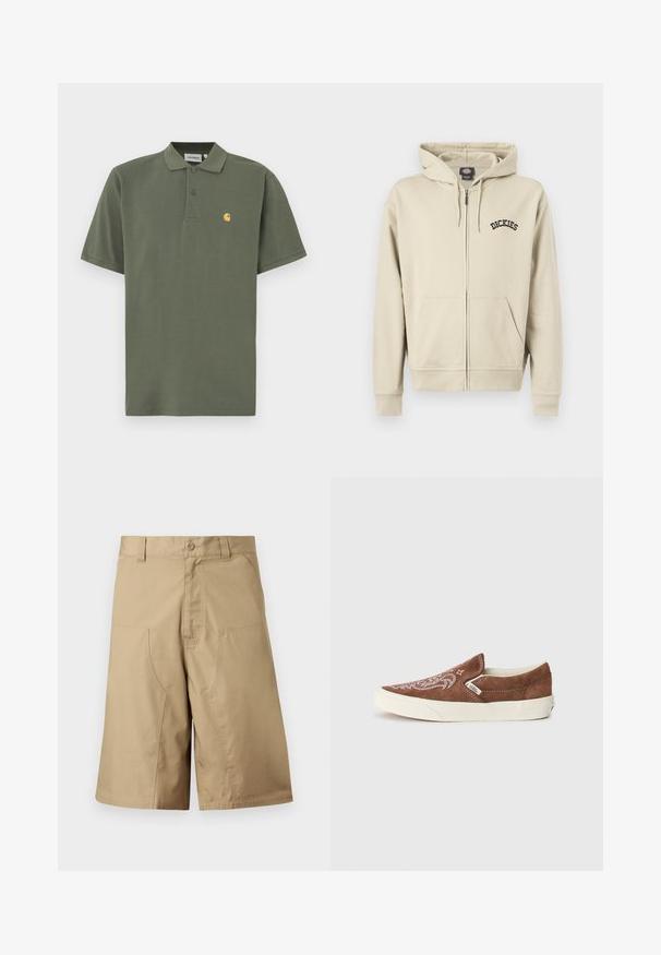 Sweat à capuche beige à fermeture éclair avec poches avant, capuche à cordon et logo "Dickies" sur la poitrine gauche.; Polo vert olive en coton, avec un col à revers, deux boutons et un petit logo jaune sur le côté gauche de la poitrine. Manches courtes.; Shorts kaki à coupe droite, confectionnés dans un tissu léger, dotés de deux poches avant et d'une fermeture par bouton à la taille.; Vans CLASSIC SLIP ON UNISEX - Baskets basses - potting soil/marshmallow