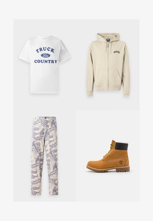 Beige hættetrøje med lynlås, forlommer, snøre i hætten og "Dickies"-logo på venstre bryst.; Hvid bomulds t-shirt med blå trykt tekst "TRUCK COUNTRY" og et blåt ovalt "Ford"-logo i midten. Korte ærmer og rund hals.; Lett, cremede bukser med et blåt abstrakt bølgemønster. De har en lige pasform med to forkastede folder og en knaplukning.; Brune læder ankelstøvle med metaløjer, hvid pelsforing, sort polstret krave, robust sål og præget logo på siden.