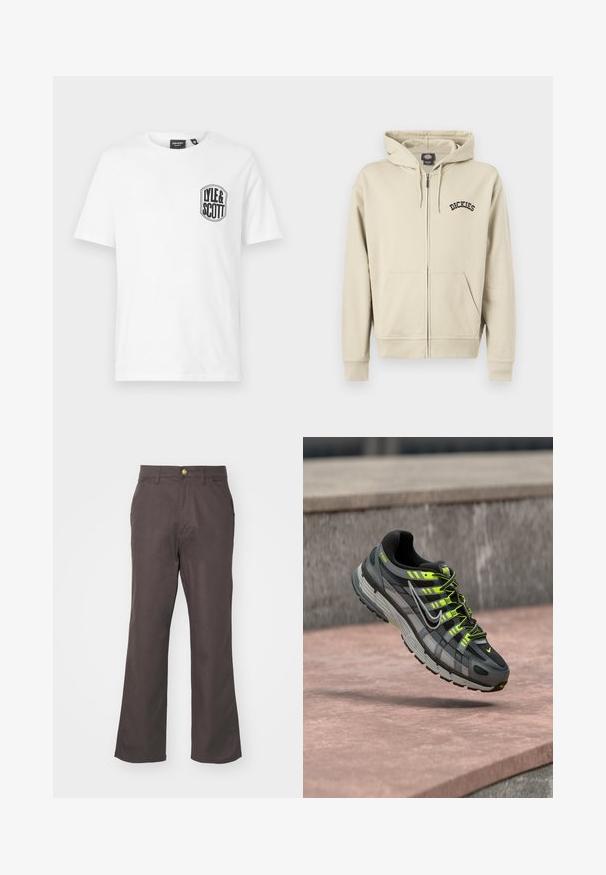 Beež värviga lukuga dressipluus ees taskute, nööridega kapuutsi ja vasakul rinnal "Dickies" logo.; Valge puuvillane T-särk ümmarguse kaelusega, vasakul rinnal must Lyle & Scott logo päits. Lühikesed varrukad, lihtne disain.; Pruunid sirged püksid, mis on valmistatud puuvillast. Omab esimest nööbiga sulgemist, vöökoharihma silmuseid ja küljetaskuid. Lihtne ja puhas disain.; Must ja hall Nike P-6000 toss neoonkollaste detailide ja paeltidega, hõljumas roosa betoonpinna kohal.