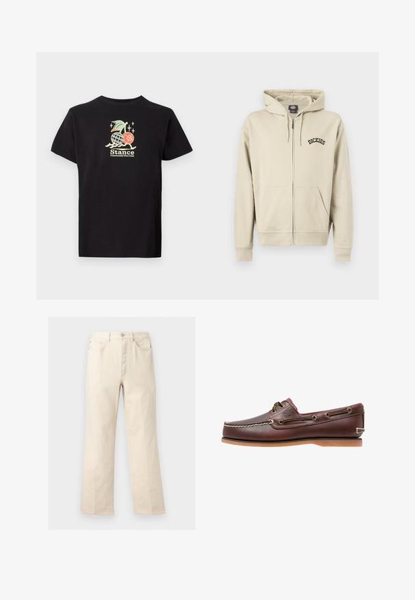 Beige hættetrøje med lynlås, forlommer, snøre i hætten og "Dickies"-logo på venstre bryst.; Sort bomulds t-shirt med et farverigt grafisk print af en ananas og kirsebær, teksten lyder "Stance Community Run Club." Korte ærmer.; Beige bukser med lige ben, forlommer, bæltestropper, knaplukning og lynlås foran, vist mod en ensfarvet baggrund.; Brun læder bådsko med hvide sømme, snøre detaljer og lysbrun gummisål, vist fra siden på hvid baggrund.