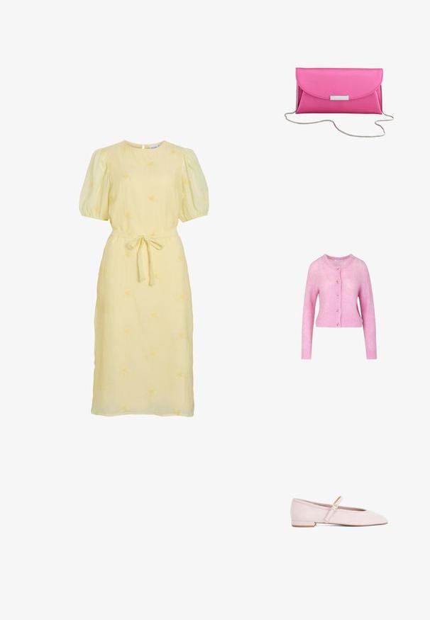 Cárdigan corto rosa hecho de un material suave, con cuello redondo, mangas largas y cinco botones en la parte delantera.; Vestido midi amarillo claro con mangas abullonadas, escote redondo, cinturón de tela atado en la cintura y sutil bordado floral en toda la prenda.; Zapato plano Mary Jane de ante rosa claro con un pequeño tacón y una correa con hebilla dorada sobre el empeine, sobre un fondo blanco.; Bolso de mano rosa brillante con cierre rectangular plateado y una larga cadena fina de plata, sobre un fondo blanco.
