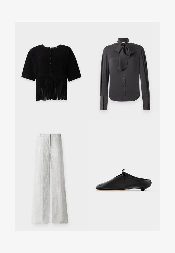Sort kortærmet bluse med lodret ribbet tekstur, rund hals, knapper foran og lange frynser nederst. Ingen synlige genstande i baggrunden.; Sort bluse i glat stof med en sløjfebåndskrave, lange ærmer, knaplukning foran og detaljering på manchetterne.; Lys grå, brede bukser lavet af et tekstureret stof med subtile lodrette linjer. Har en frontlynlås og bæltestropper.; Sort læder slip-on mule med en lille rundet hæl og en bundet sløjfe nær den øverste kant, vist i sideprofil.