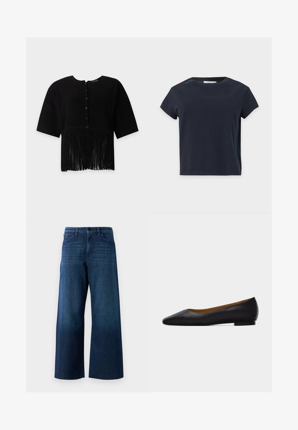 Zwarte blouse met korte mouwen, verticale ribstructuur, ronde hals, knoopsluiting aan de voorkant en lange franje aan de zoom. Geen zichtbare objecten op de achtergrond.; Effen zwart T-shirt met korte mouwen en een ronde hals met een rechte zoom op een lichtgrijze achtergrond.; Brede donkerblauwe spijkerbroek met een voorknop, riemlussen en een klassieke vijf-pocket stijl op een effen achtergrond.; Zwarte leren puntschoen met lage hak en gladde afwerking, zijaanzicht op een lichtgrijze achtergrond.