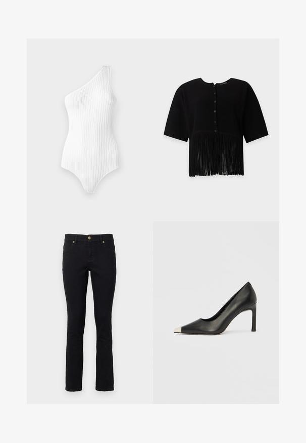 Blouse noire à manches courtes avec texture côtelée verticale, col rond, boutons devant et longue frange à l’ourlet. Aucun objet visible en arrière-plan.; Bodysuit blanc à côtes, une épaule avec des rayures verticales. Texture douce et design ajusté, avec une taille haute et un décolleté minimal.; Jeans en denim noir avec une coupe droite, un design à cinq poches, fermeture à bouton et accents en métal doré. Texture douce avec un minimum de détails.; Chaussure à talon haut en cuir noir avec bout pointu et capuchon argenté métallique. Présente une finition lisse et un talon fin de 10 cm.