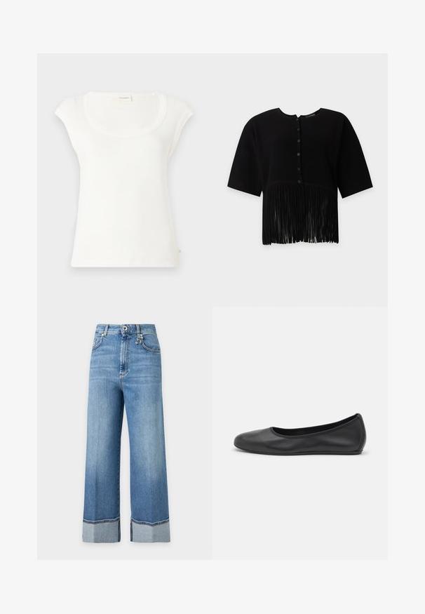 Blouse noire à manches courtes avec texture côtelée verticale, col rond, boutons devant et longue frange à l’ourlet. Aucun objet visible en arrière-plan.; T-shirt blanc à manches courtes en coton doux. Présente un col rond et une coupe décontractée. Étiquettes attachées à l'arrière.; Jean denim bleu à jambes larges avec revers roulés et poches avant, présenté sur fond blanc.; Ballerines en cuir noir avec un bout rond, texture lisse, détails de couture minimalistes et design de semelle flexible.