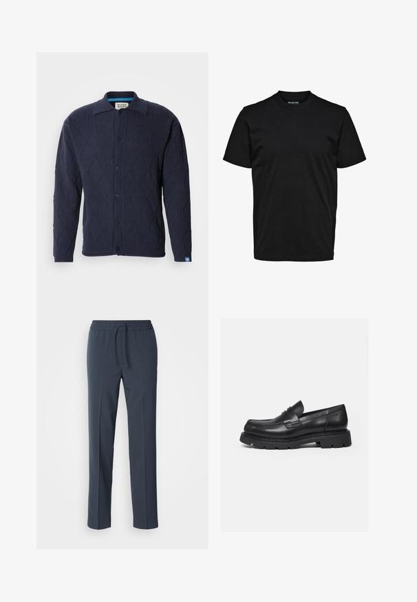 Scotch & Soda OPEN WORK LONG SLEEVE - Cardigan - sky captain; Simpel sort T-shirt med korte ærmer, rund hals og almindelig pasform uden synlige mønstre eller logoer.; Marineblå, letvægtsbukser med snoretræk i taljen, lige ben og en glat tekstur. Ingen mønstre eller accenter synlige.; Sort læderloafer med tyk rillede sål og penny-remdetalje, vist i højre sideprofil på hvid baggrund.