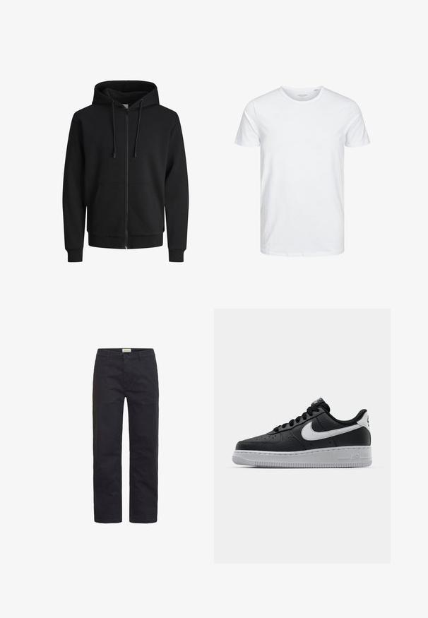 Sort zip-up hoodie lavet af sweatshirt-stof. Har en hætte med snoretræk, forlommer, ribbede manchetter og talje. Glat tekstur.; Rundhals kortærmet t-shirt i ensfarvet hvid, lavet af blød bomuld, har et simpelt design uden synlige mønstre eller detaljer.; Sorte bomuldsbukser med lige ben-design, der har en frontlukning med knap, bæltestropper og minimal dekoration.; Sort lædersneaker med tekstureret overflade, hvid Nike swoosh, grå sål, rund tå og snørebåndsdesign. Har perforeringer på tåboksen.
