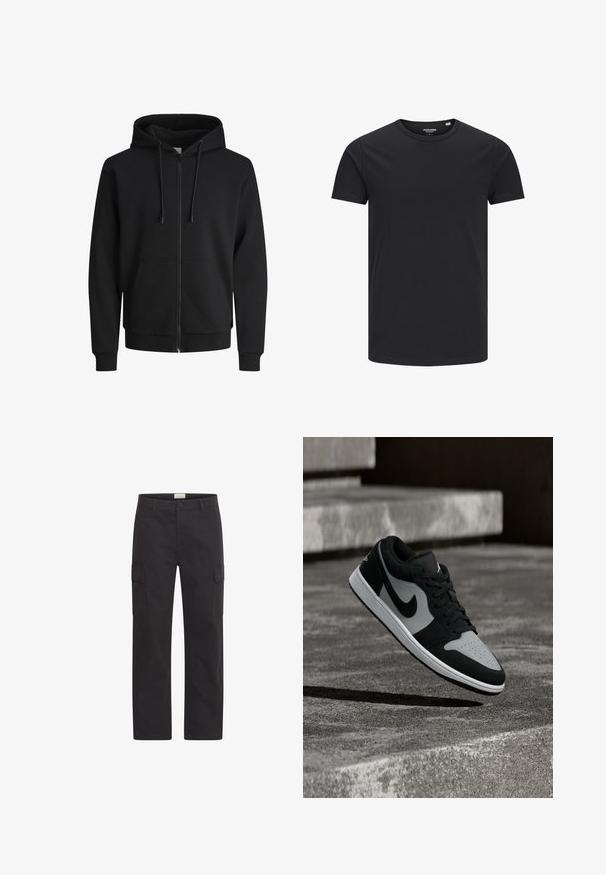 Sort zip-up hoodie lavet af sweatshirt-stof. Har en hætte med snoretræk, forlommer, ribbede manchetter og talje. Glat tekstur.; Sort bomulds T-shirt med rund hals, korte ærmer og et enkelt design. Glat tekstur, ingen mønstre eller synligt tilbehør.; Sorte cargo-bukser med lige ben, sidelommer med klap samt forstykke med knap- og lynlåslukning, vist mod en hvid baggrund.; Sort og grå Nike-sneaker svæver over en tekstureret betonoverflade med stentrin i baggrunden.