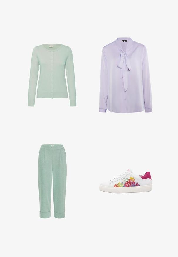 Licht mintgroene cardigan van zachte stof, met een ronde halslijn, knoopsluiting aan de voorkant en geribbelde manchetten en onderrand.; Lila blouse gemaakt van een gladde stof, met een gestrikte halslijn, lange mouwen en een knoopsluiting aan de voorkant. Eenvoudig ontwerp zonder patronen of accenten.; Lichtgroene, cropped broeken met een zachte textuur, voorzien van een omgevouwen zoom en voorplooien, ontworpen voor comfort en casual draag.; Witte leren sneakers met kleurrijke bloemenprint aan de zijkant, een roze hielaccent en een platte rubberen zool. Vetersluiting, gladde textuur.