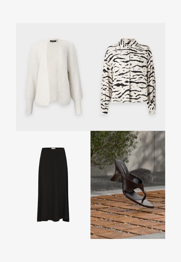 Hvid strikket cardigan med en afslappet pasform, åben front og lange, let puffede ærmer. Den har et struktureret stof og ribbede manchetter.; Hvid skjorte med krave og sort tigermønstret striber, lange ærmer, afslappet pasform og knaplukning foran. Blød stoftekstur.; Sort, knælang nederdel lavet af blødt stof med en glat tekstur, der har en elastisk talje og en flydende silhuet.; Brun Calvin Klein hælet thong sandal svævende over træflise og grus udendørs med sløret grønt og stenmur i baggrunden.