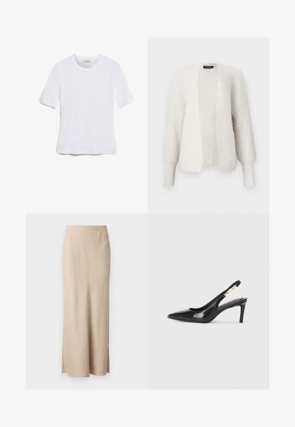 Hvid strikket cardigan med en afslappet pasform, åben front og lange, let puffede ærmer. Den har et struktureret stof og ribbede manchetter.; Hvid kortærmet t-shirt lavet af ribbet stof. Rund halsudskæring, almindelig pasform og subtile syninger. Ingen mønstre eller grafik.; Samsøe Samsøe AGNETA LONG SKIRT - Maxinederdele - white pepper; Sort læder slingback højhælede sko med spidse tæer, glat overflade og en smal ankelrem med guldfarvede hardware detaljer.