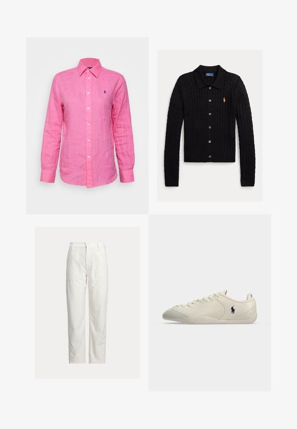 Sort strikket cardigan med kabelmønster, knappelukning foran, ribbet kant og manchetter samt et lille gyldent logo på brystet.; Langærmet, krave skjorte i lys pink linned, med et lille blåt logo på venstre bryst og hvide knapper ned foran.; Hvide bukser med lige ben, store foran-lommer, bæltestropper og lukning med knap i taljen.; Lavprofileret kremfarvet lædersneaker med snørelukning foran, tekstureret sål og sort Polo-spillerlogo på siden.