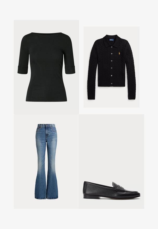 Sort strikket cardigan med kabelmønster, knappelukning foran, ribbet kant og manchetter samt et lille gyldent logo på brystet.; Sort tætsiddende skjorte med albuelange ærmer og en bred, rund halsudskæring på en ensfarvet baggrund.; Højtaljede blå jeans i denim med klokkeformede ben og let falmet område foran på låret, vist mod hvid baggrund.; Sorte læder loafers med struktureret finish, der har en dekorativ rem og flad hæl. Slank, minimalistisk design med rund tå.