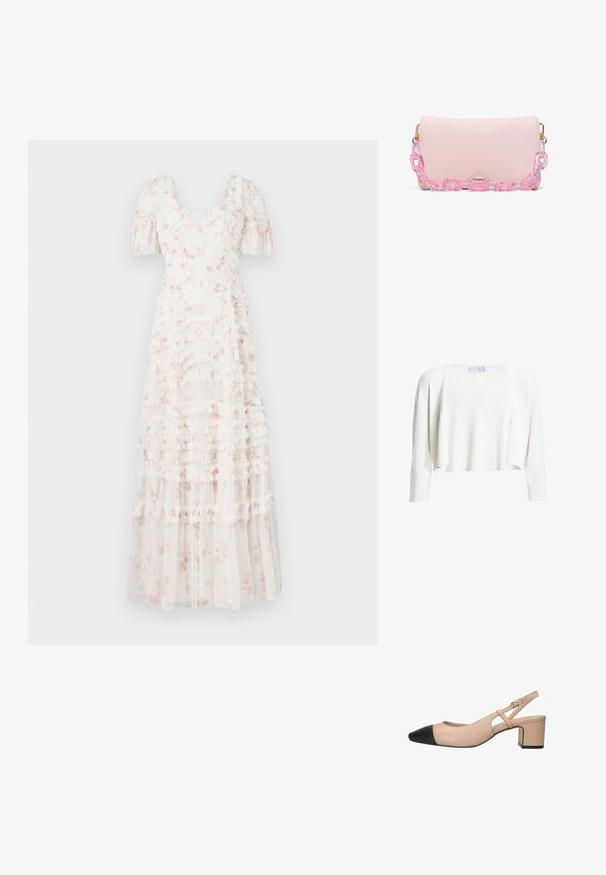 Wit lang mouw cropped vest met open voorkant en ontspannen pasvorm op een effen witte achtergrond.; Witte maxi-jurk met ruches en bloemenpatroon, vierkante halslijn, korte pofmouwen en gelaagde textuur. Lichtgewicht, vrouwelijk ontwerp.; Slingback hak in lichtroze leer met een puntige zwarte neus, een gestructureerde band en een vierkante blokhak voor stabiliteit.; Lichtroze rechthoekige handtas met een glanzende doorschijnende roze en paarse kettingriem en een driehoekig gestikt logodetail.