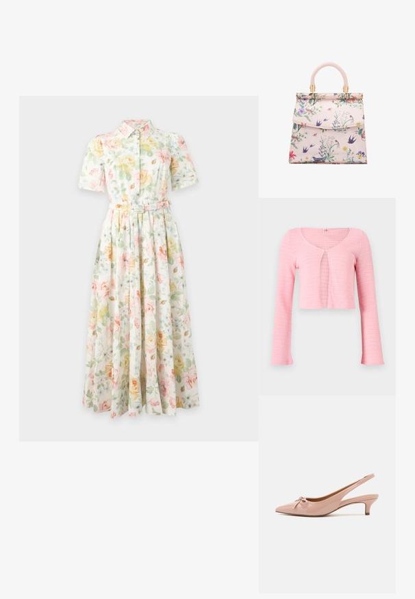 Cardigan court en maille rose clair avec manches longues, col rond et fermeture à un bouton au niveau de la poitrine.; Robe midi à manches courtes, boutonnée, avec col et ceinture, présentant des motifs floraux jaune pastel, vert et rose sur fond blanc.; Escarpins à talon slingback en cuir verni rose pâle avec un bout pointu, un détail en nœud à l'avant, et un petit talon. Texture lisse avec une finition brillante.; Sac à main à motif floral avec un extérieur synthétique rose pâle, une forme structurée, une poignée incurvée, des accessoires en or et une fermeture à rabat.