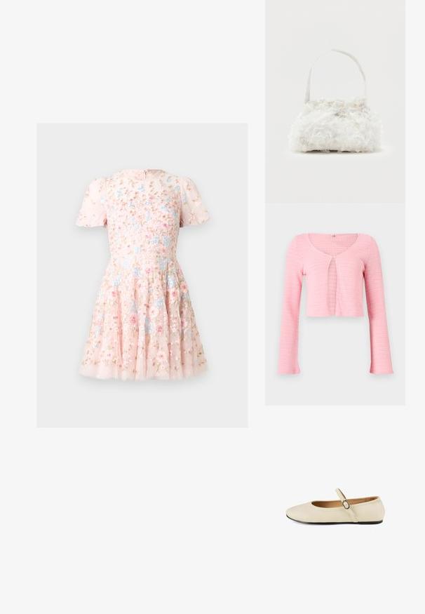 Cardigan court en maille rose clair avec manches longues, col rond et fermeture à un bouton au niveau de la poitrine.; Robe rose clair à manches courtes avec broderie florale en bleu, rose et beige, dotée d'une taille ajustée et d'une jupe évasée sur un fond uni.; Chaussure Mary Jane en cuir beige avec un bout pointu, une semelle plate et une seule sangle ajustable avec boucle en métal. Texture lisse.; Petit sac à main blanc orné de roses en tissu recouvrant le corps et d'une fine anse unique, sur un fond uni.