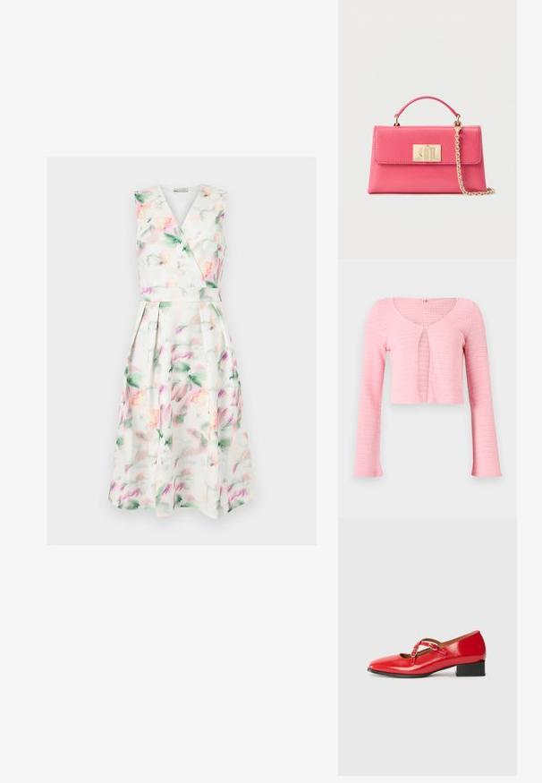 Lyserød cropped strikket cardigan med lange ærmer, rund halsudskæring og enkelt knaplukning ved brystet.; Ærmeløs hvid midi-kjole med pastel akvarelblomstret print, V-hals omslagsbodice, tætsiddende talje og plisseret nederdel.; Røde lakerede Mary Jane-sko med firkantet tå, to justerbare spænder, lille sort blokhæls og glat tekstur.; Lille lyserød læderhåndtaske med topstrop og guldkæde, med et rektangulært guldlås på frontklappen.