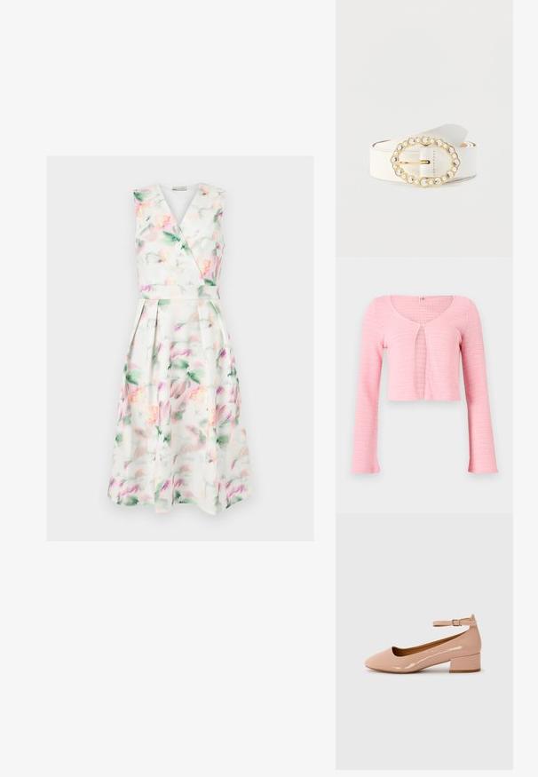 Cardigan corto de punto en rosa claro con mangas largas, escote redondo y cierre de un solo botón en el pecho.; Vestido midi blanco sin mangas con estampado floral en acuarela en tonos pastel, cuerpo cruzado con escote en V, cintura ceñida y falda plisada.; Zapatilla plana de charol rosa con punta redondeada, tira al tobillo y tacón bajo. Textura suave y diseño minimalista.; Cinturón de cuero blanco con una hebilla ovalada dorada adornada con piedras transparentes y pequeñas perlas, diseñado con un acabado liso y sin patrón visible.